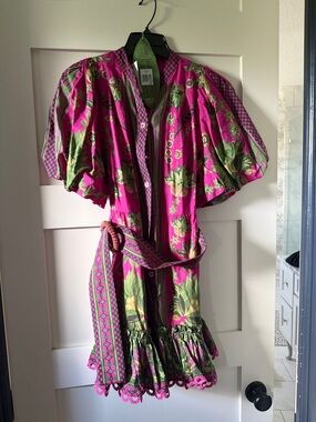 FARM Rio Pink Floral Puff-Sleeve Belted Mini Dress